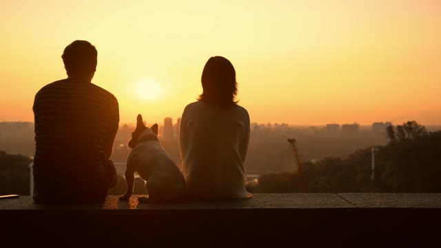Couple Watching Sunset with Dog